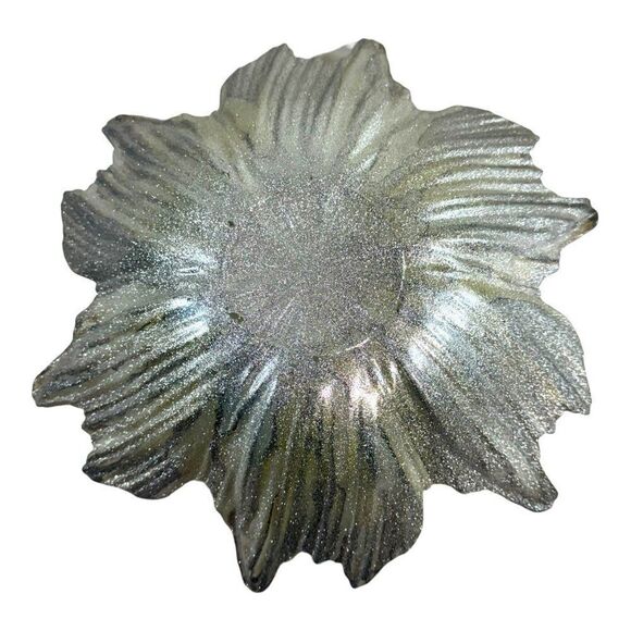 Hand Blown Glass Flower Bowl Glitter Blue Yellow Art Piece 12" Reverse Painted - Picture 3 of 7